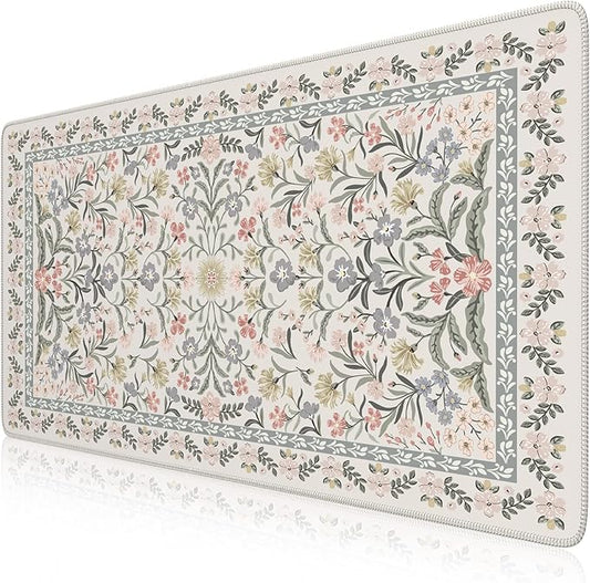 iCasso Desk Matt for Desktop, Cute Desk Pad Mat, XXL Large Mouse Pad, Anti-Slip Big Mousepad with Stitched Edges, Keyboard Pad for Computer(Gray Floral)
