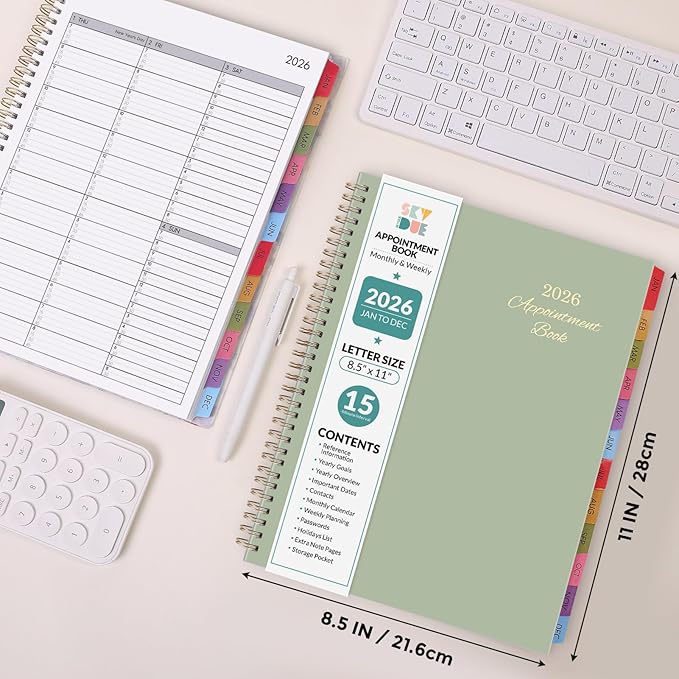 SKYDUE 2026 Appointment Book, 8.5" x 11", Hourly Planner with 15 & 30-Minute Increments, Weekly & Monthly Planner for January - December 2026, Perfect for Daily Planning, Green