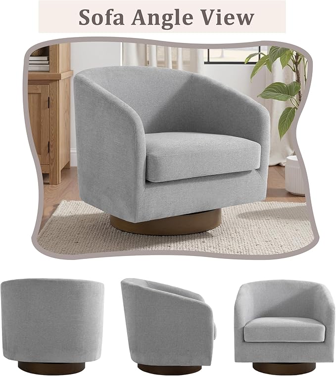 UIXE Swivel Accent Chair with Wood Base, Chenille Upholstered Barrel Chairs for Living Room, Comfy Round Armchair Single Sofa Bedroom Reading Seat - 31" W, Light Gray