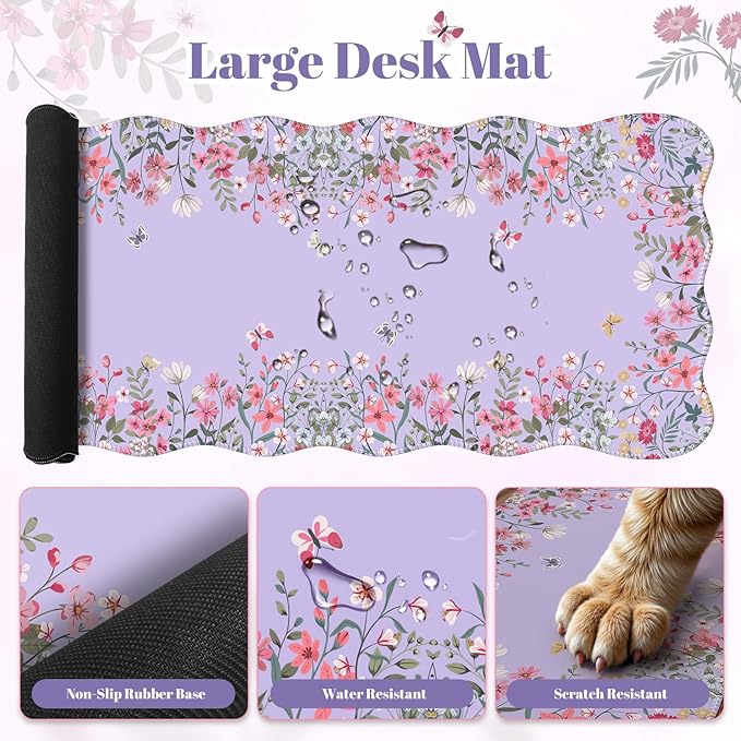 iLeadon XXL Mouse Pad, Mousepad with Wrist Rest, Memory Foam Wrist Support for Keyboard, Ultra Smooth Mouse Pad for Gaming, Purple Desk Mat for Office Home (Floral)