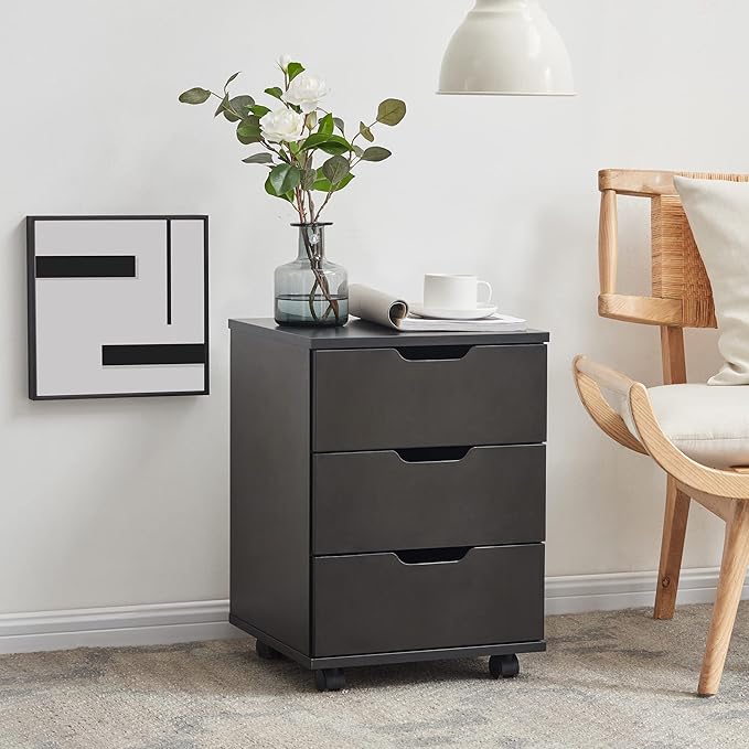 Farini 3-Drawer Vertical Filing Cabinet Rolling Wood Mobile File Cabinets Under Desk for Home Office with Casters (Black, Non-Assembled)