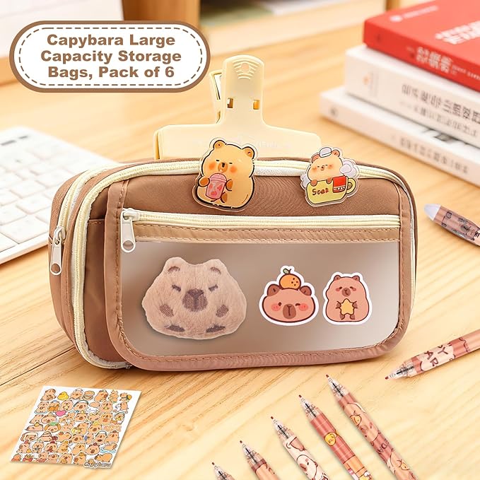 Adorable Capybara Stationery Set, Girls' Stationery Set Includes Pencil Case, Multi-Color Pens, Stickers, Pins, Notebook, Stamps. Perfect Cute Birthday Gift for Kindergarten and Elementary School.
