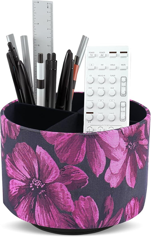 QIELIZI Round Leather Art Supply Organizer,Remote Control Holder,360 Degree Rotating,Multi-Functional Pencil Holder,4 Compartments Desktop Stationary Organizer(1-Dahlia Rose Red)
