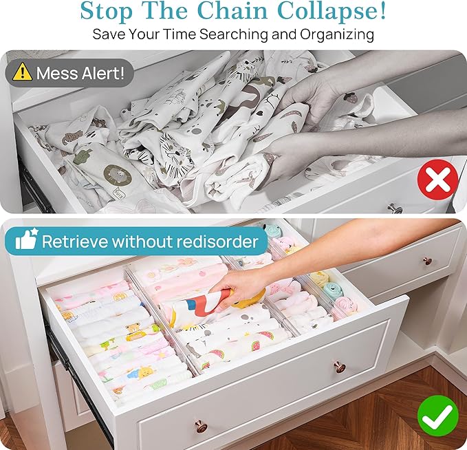 Vtopmart 12 Pack 4" Regular Upgrade Drawer Dividers for Clothes, 12.8"-22.3" Expandable Dresser Drawer Organizer, Clear Plastic Separators for Dresser, Baby Clothing, Underwear, Cosmetic, Toiletries