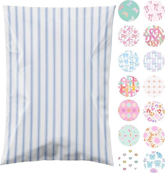 14.5x19 Designer Poly Mailer 100 Pack Heavy Duty Waterproof Self Seal Shipping Bags for Small Business Large Mailing Envelopes Bulk Tear Resistant Packaging Blue Stripe