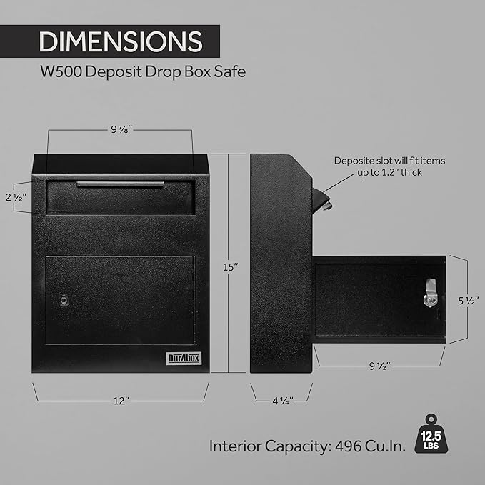 Drop Box Deposit Safe 12 x 4 x 15” Heavy Duty Steel Wall Mount Mailbox for Mail, Letters, Checks, Keys, Cash and more for Home, Office & Commercial Use (W500) (Black)