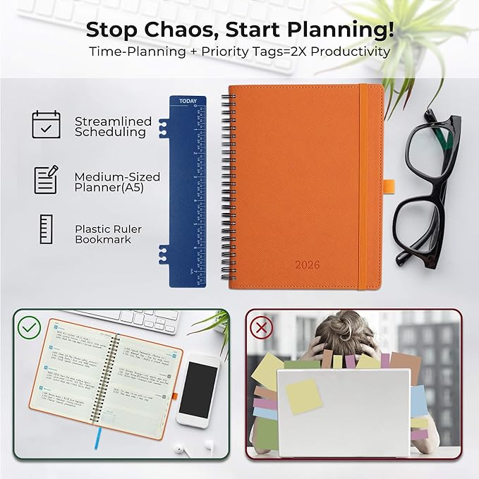 Planner 2026 Daily Weekly and Monthly,8.5"x6.5",12 Months Spiral Bound Calendar Agenda with Self-adhesive Pen Holder,2026 Appointment Book with Vegan Leather Soft Cover,Orange