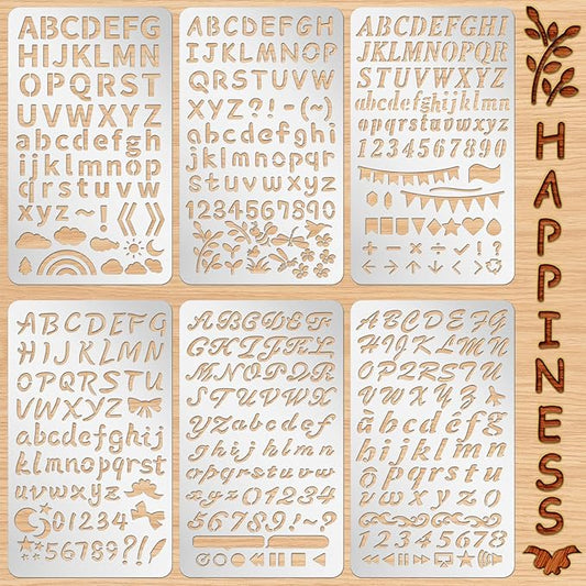 Lewtemi 6 Pcs Mixed Metal Stencil Wood Stencil Templates Stencils for Journaling Burning Stencils for Wood Carving Drawing Engraving Scrapbooking Journal Craft DIY (Letter Style)