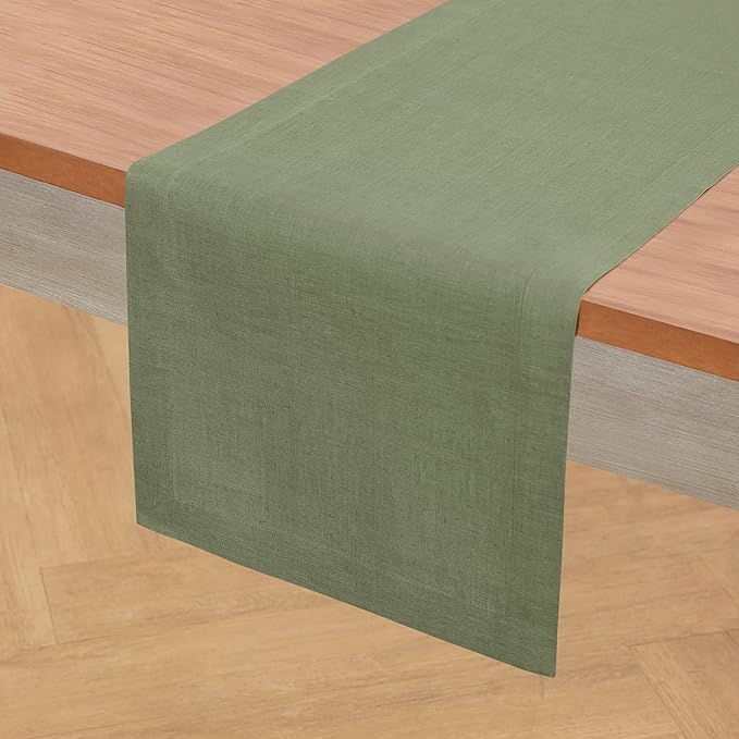 Solino Home Linen Table Runner 48 Inches - 100% Pure Linen Oil Green Table Runner 14 x 48 Inch Ideal for Dresser and Coffee Tables - Fall, Autumn, Thanksgiving - Fete