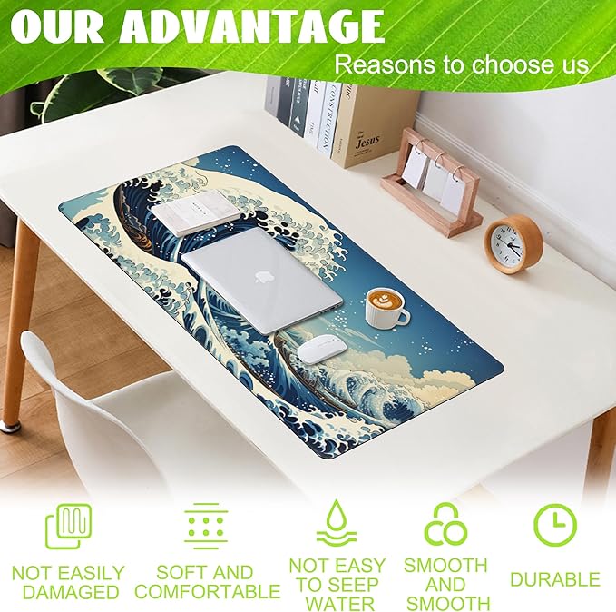 Desk Mat,Blue Japanese Sea Wave Desk Pad,Japanese Sea Wave Large Gaming Mouse Pad for Desk,Extended Big Computer Keyboard Mouse Pad with Non-Slip Base and Stitched Edge,35.4"x15.7"