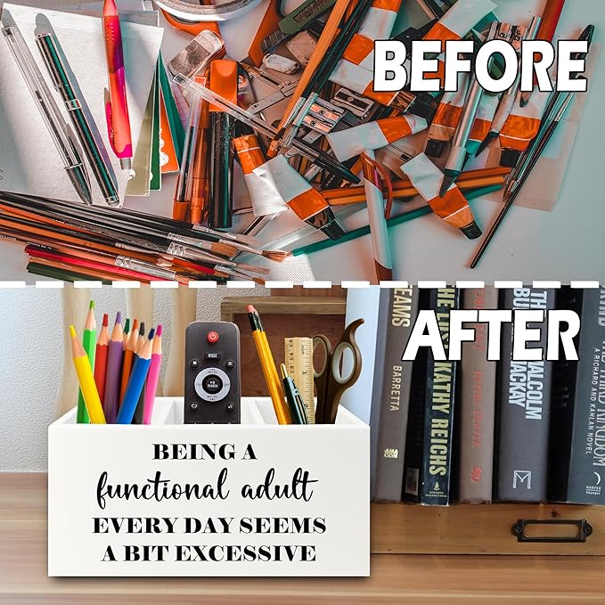 Funny Pen Pencil Holder Organizer for Desk, Sarcastic Gifts for Women Men Coworkers, Adult Humor Gifts, Being a Functional Adult Funny Wooden Box Sign for Home Office Desk Tabletop Decorations