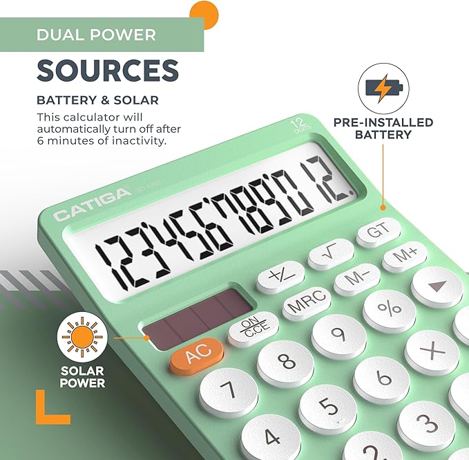 CATIGA 12 Digit Desktop Calculator Basic Desk Calculator with Large LCD Display, Big Buttons, 4 Function, Solar and Battery Dual Power, for Office, School, Home, SD-1292 Mint