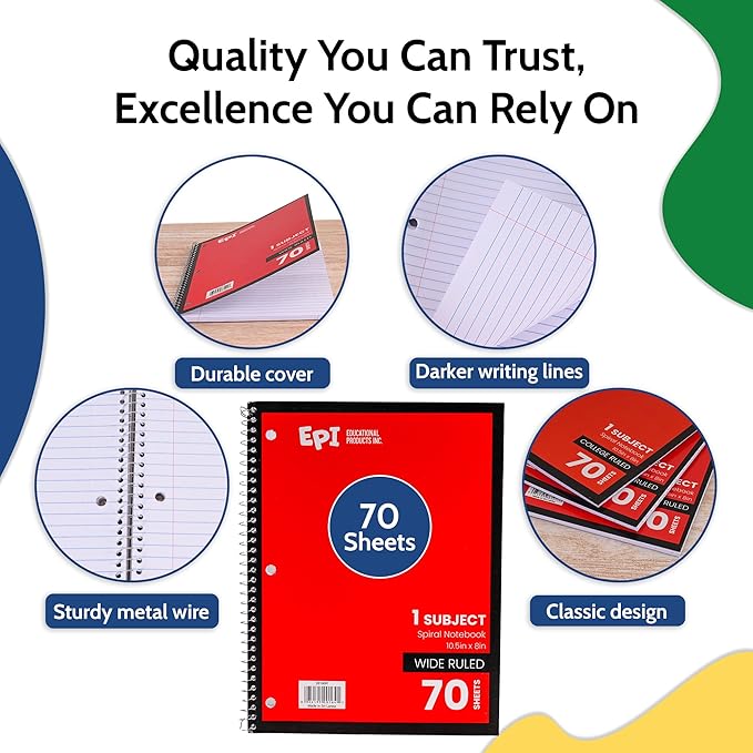 EPI Spiral Notebook | Wide - 70 Sheets, Durable Spiral Binding | 10.5 x 8 in | Classroom Supplies | School, Office, Note Taking, Journaling - 3 Pack