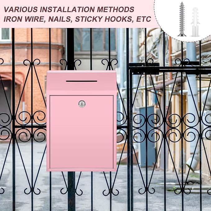 Metal Donation Cash Box Collection Safe Suggestion Box with Lock Wall Mounted Mailbox Delivery Ballot Container for Home Office Outdoor Door(Pink,11.8 x 8.6 x 4.7 Inch)