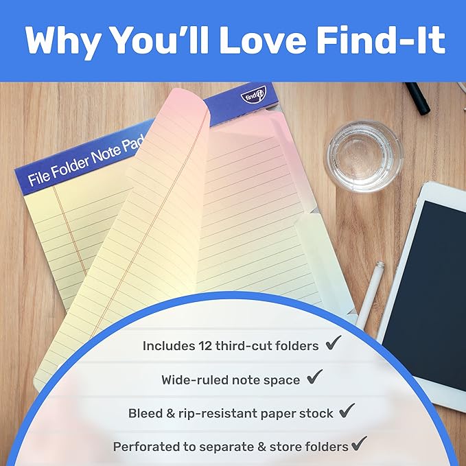 Find It File Folder Notepad - Pack of 12-9.5 x 12.5 Inch Notebook Organizer Folders for Filing, Document, and Clipboard Organization - Rainbow