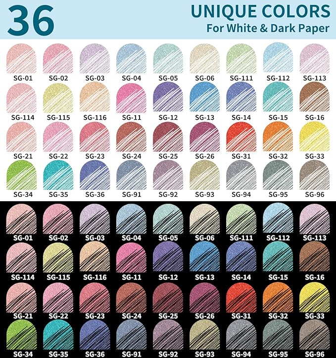 Glitter Gel Pens, 36 Pack Colored Pens for Black Paper & White Paper, 1.0mm Point Pens, Large Capacity Ink Pens for Coloring, Writing, Drawing, Journaling, Note Taking, School, Office, Home