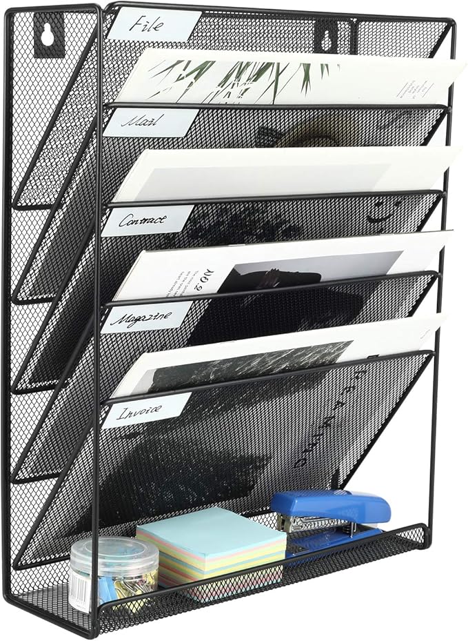 EasyPAG Wall File Holder 5 Tier Vertical Hanging File Organizer Wall Mount Paper Folder Rack with Bottom Flat Tray for Office and Home,Black