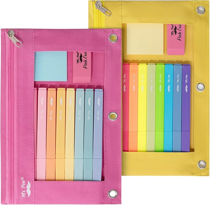 Mr. Pen- 2 Pack Pencil Cases, Pink and Yellow Flat Zipper Pouch for 3 Ring Binder