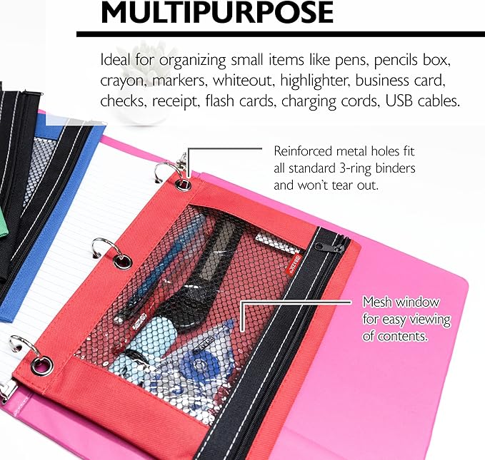 BAZIC Pencil Pouch 3 Ring Binder Pouch w/Rivet Enforced Rings Holes, Assorted Color Mesh Window Zipper Pouches, 24-Pack