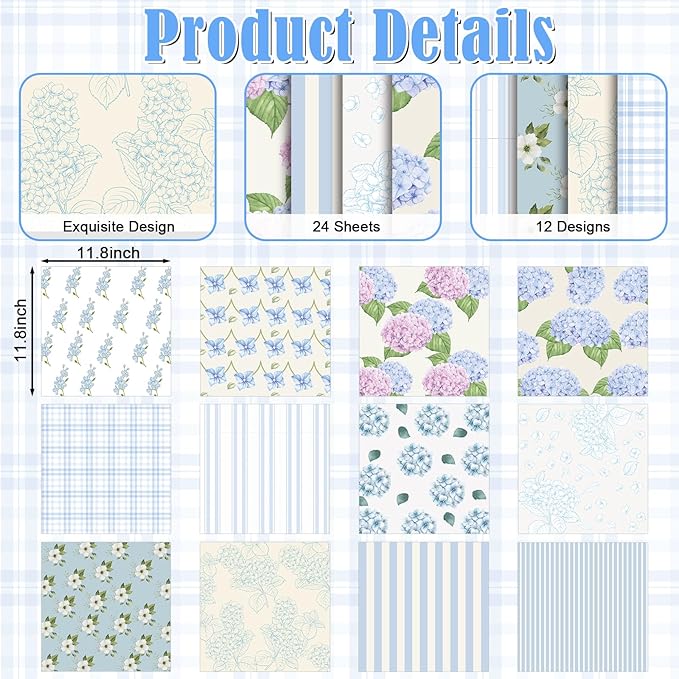48 Sheets Scrapbook Paper 11x11, Hydrangea Pattern Decorative Scrapbook Paper for Journals DIY Cards and Photo Albums, Aesthetic Craft Supplies for Kids and Adults