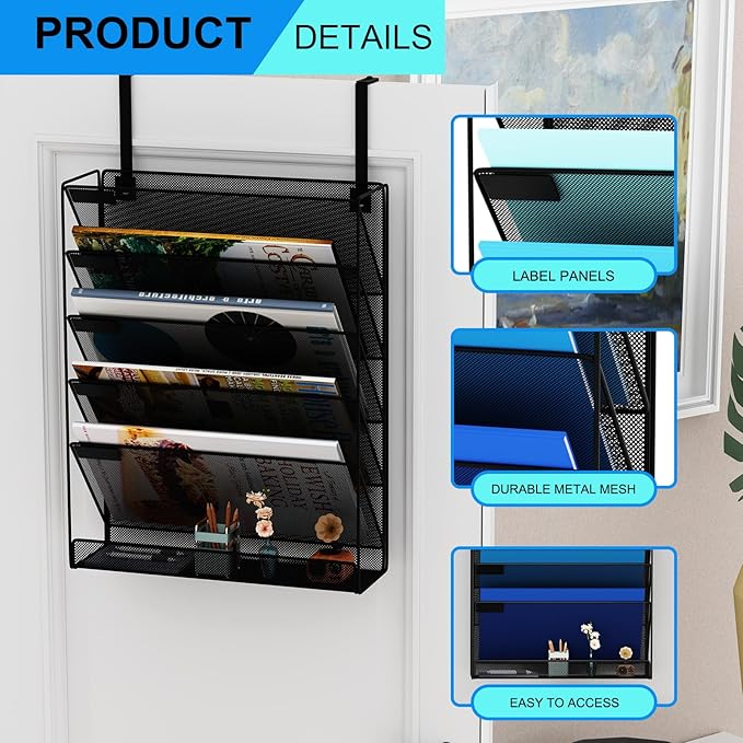 6-Tier Hanging File Organizer Office Cubicle Accessories for Work Organizer Wall Mount File Holder for Mails Folders Papers Magazine Organization, Black