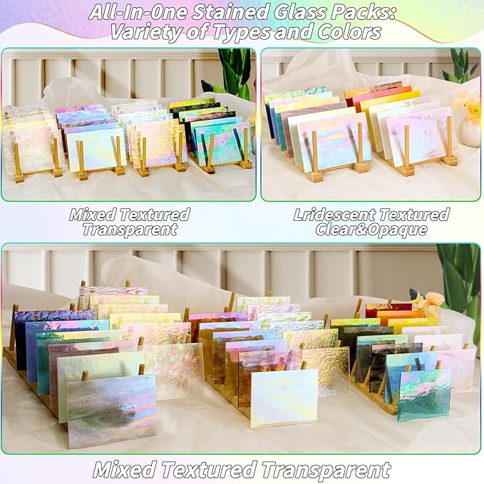36 Sheets Iridescent Stained Glass Sheet Variety Pack, 4 X 6 inch Cathedral Art Glasses for Home Decor, Stained Glass Supplies for Glass Projects and Mosaic Crafts