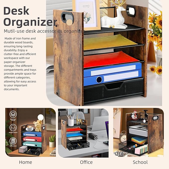 Wood Desk Organizer - 5-Tier Desktop File Organizer with Drawer, Wooden Paper Tray, Office Desk Organzier and Accessories for Papers, Mail, Notebooks, Stationery