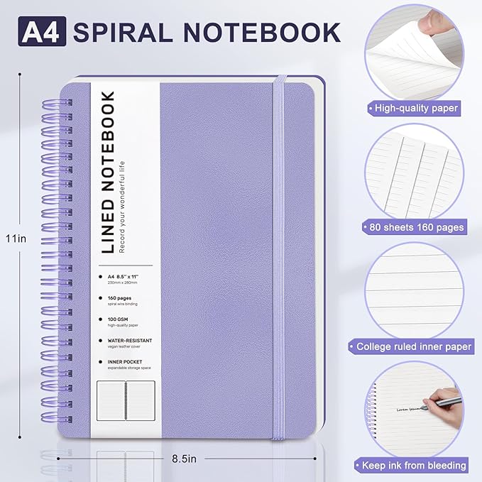 Lined Spiral Journal Notebook, A4 Hardcover Leather Notebook for Work, 8.5''×11'', 100GSM Thick Paper Spiral Bound Journaling Notebooks for Women & Men Office School Note Taking Business, Purple
