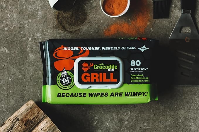 Crocodile Cloth Grill - 80 (15" x 10") Plant-based Cleaning Wipes. Safe on Skin & Multiple Surfaces. Infused with Aloe & Vitamin E. Large, Pre-Moistened & Absorbent.