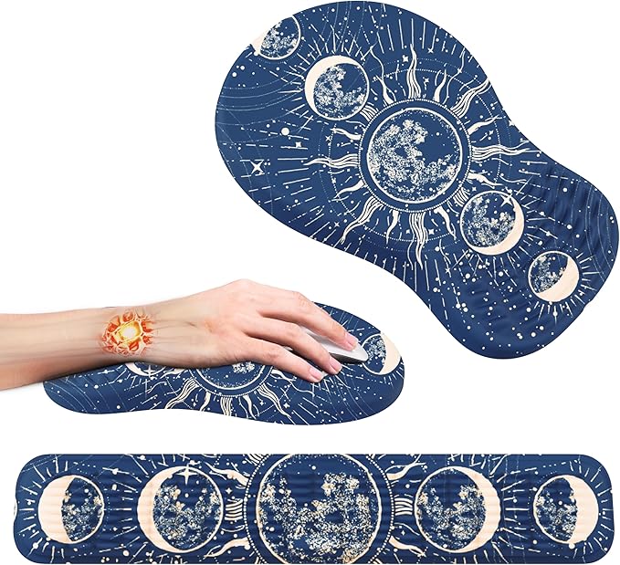 MEKASS Ergonomic Mouse Pad and Keyboard Wrist Rest Set, Super Soft Memory Foam Desk Wrist Support for Computer Keyboard, Non-Slip Arm Palm Rests Cushion for Typing Gaming Office (Blue Sun and Moon)