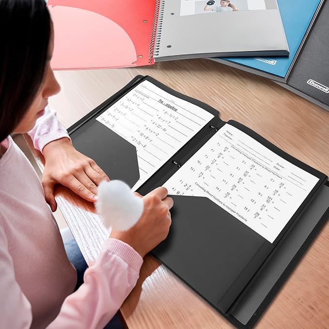 Dunwell Plastic 2-Pocket Folders for 3-Ring Binders, (3 Pack, Black) 3 Hole Punched, Divider Folder for Notebooks, Heavy Duty Poly, Fits 8.5x11 Sheets, Includes Labels