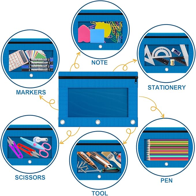 Pencil Pouch for 3 Ring Binder, Bulk 6 Pack 3 Hole Zipper Pencil Pouches with Clear Window, Pencils Bags in Assorted Colors, Sturdy and Durable Cloth Pencils Case for School Office College Supplies