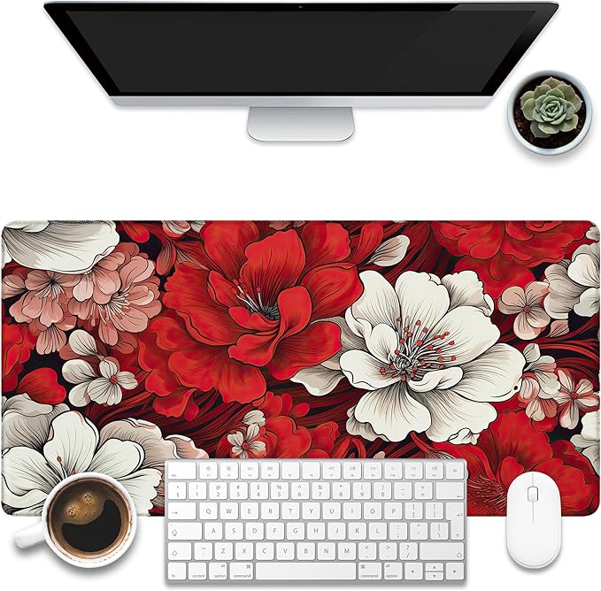 Desk Pad, Red and White Flowers Desk Mat, Retro Red Floral Large Gaming Mouse Pad, 31.5"x15.7" Extended Big Computer Keyboard Mouse Pad with Non-Slip Base and Stitched Edge