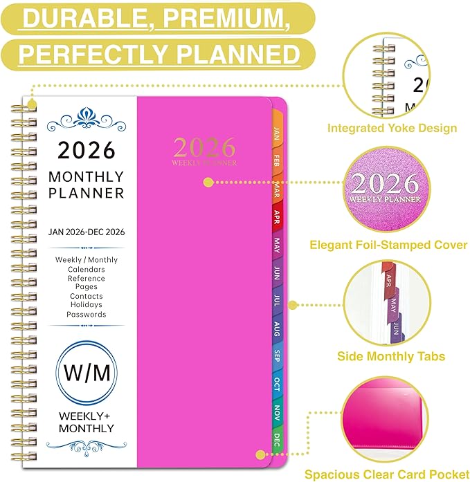 2026 WeeklyMonthlyand Yearly Planning Calendar with 8 Stickers, 6" x 8.25" Planner, Softcover, Spiral Bound, Laminated Labels, Laurel Series (Red)