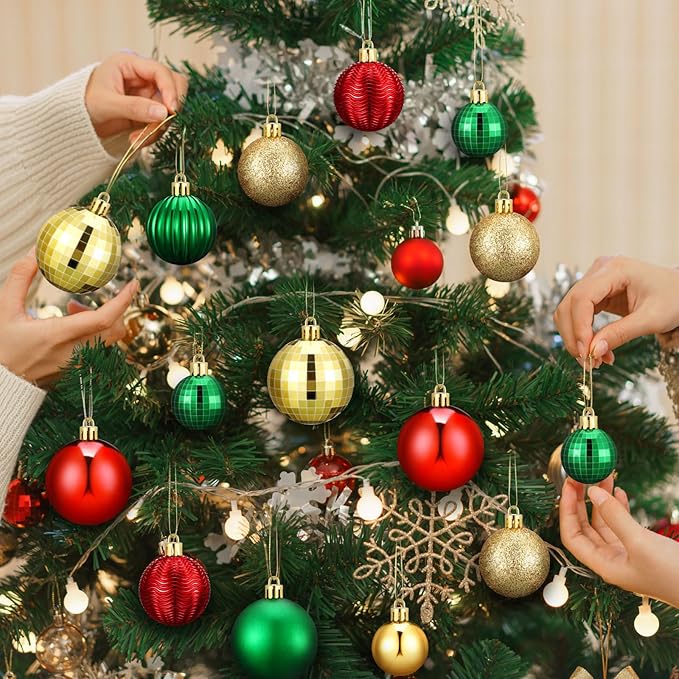 64 Pcs Christmas Ball Ornaments for Christmas Tree Glitter Red Gold Green Ball Ornament Hanging Christmas Decoration Assorted Size Christmas Ornament for Party Supplies, 1.6/1.97/2.4 Inch