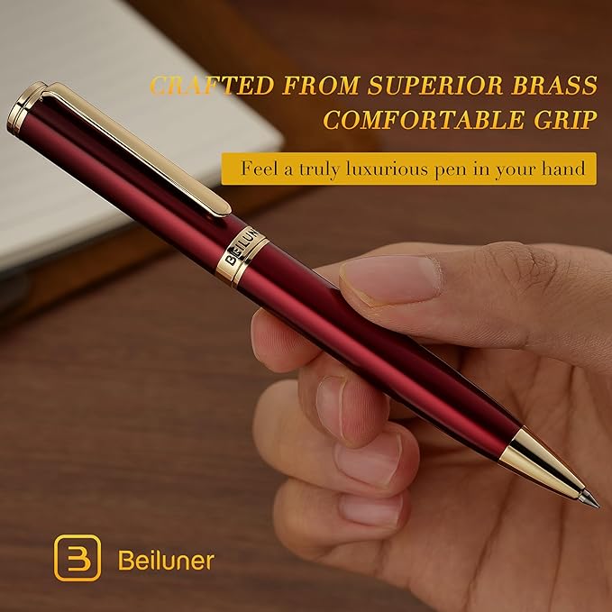 BEILUNER Red Lacquer Gel Pen With 24K Gold Finish, Retractable Pens, Gift Pen Set, Professional, Elegant, Writing, Executive, Office, Nice Fancy Designer, Perfect for Men and Women