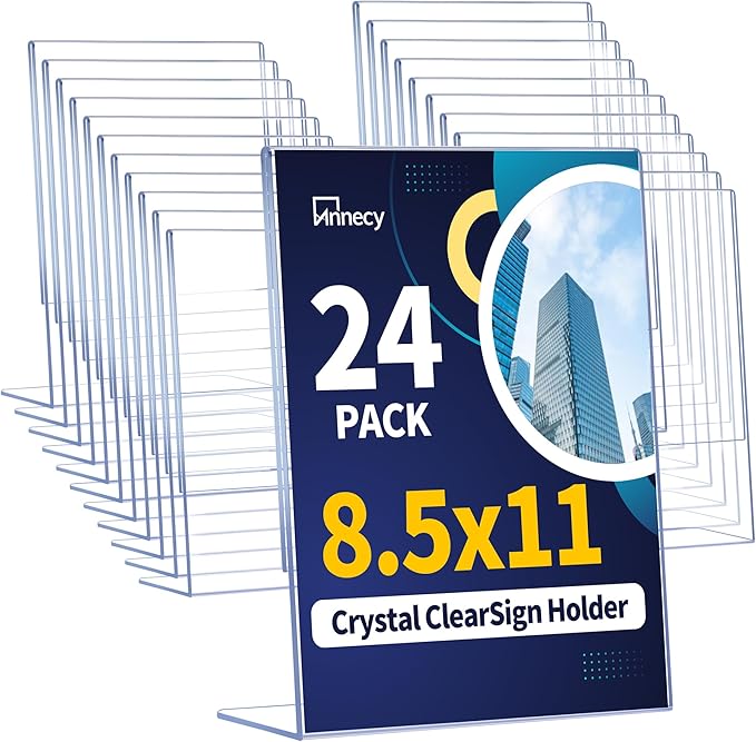 Annecy Sign Holder 8.5 x 11, 24 Packs Sign Stand for Display, L Shape Plastic Clear Sign Holder 8.5x11 Standing Vertical Menu Flyer Holder, Frames Table Signs for Stores, Restaurants, Hotels, Office