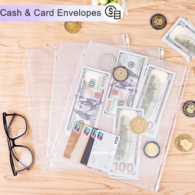 Antner 12 Pack Letter Size Binder Pockets 3 Holes Zipper Binder Folders for 3-Ring Binder, Clear PVC Loose Leaf Bag Binder Pouch Insert Pages Sheet Protectors Waterproof Document Filling Storage Bags