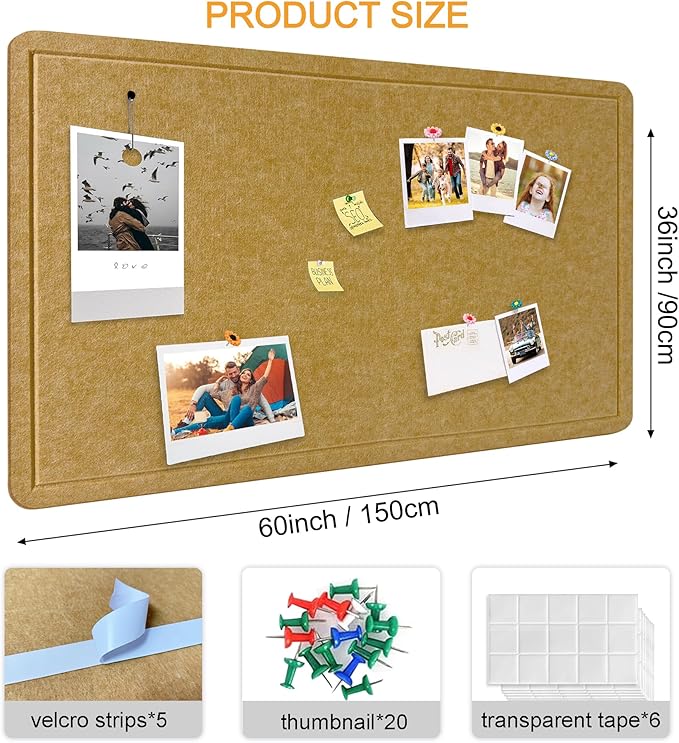 Large Bulletin Board - Foldable 36x60 Inches Cork Board Alternative with 20 Push Pins, 5' x 3' Self-Adhesive Felt Bulletin Board for Wall, Home Office Classroom Decor