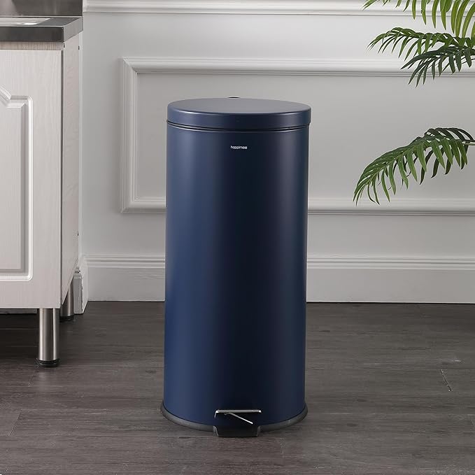 happimess HPM1000B Oscar 8-Gallon Step-Open Trash Can with Free Mini Trash Can, Modern, Fingerprint Proof for Home, Kitchen, Office, Large:7.9 Gallon Small:1.3 Gallon, Denim Blue