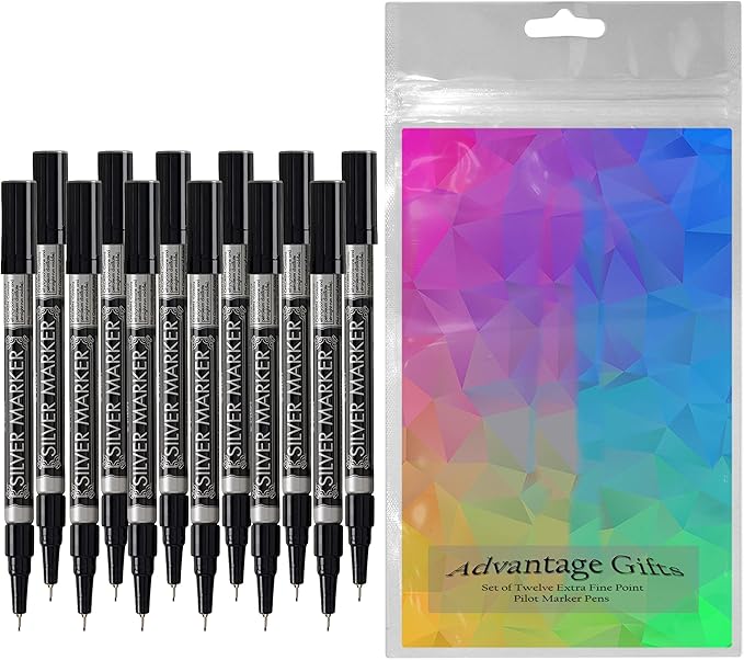 Metallic Permanent Paint Markers, Silver, Extra Fine Point (0.5mm), 12 Count, Bundle with Plastic Reusable Pouch