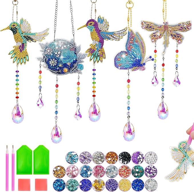 5Pcs Diamond art Kits for Kids/Adults, Crafts for Kids Ages 8-12, DIY Diamond Painting art Wind Chimes Crystal Window Suncatcher Craft, Birthday Gifts for 7 8 9 10 11 Year Old Girls, Home Garden Decor