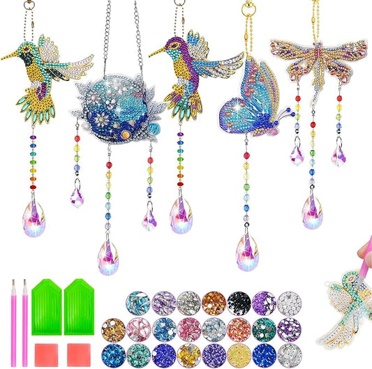 5Pcs Diamond art Kits for Kids/Adults, Crafts for Kids Ages 8-12, DIY Diamond Painting art Wind Chimes Crystal Window Suncatcher Craft, Birthday Gifts for 7 8 9 10 11 Year Old Girls, Home Garden Decor