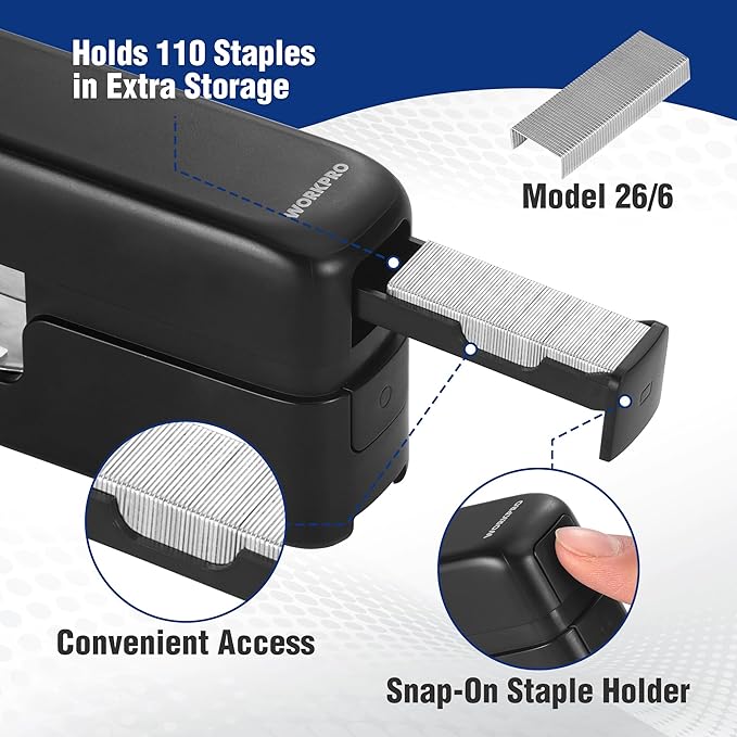 WORKPRO 2-in-1 Stapler with Staples & Staple Remover, 40 Sheet Capacity, Flat Clinch Design, Storage Space, Includes 2000 Standard Staples - Non-Slip Office Stapler for Desk, Classroom, Black