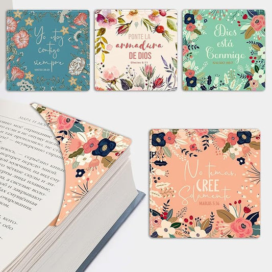 Spanish Bible Verses Bookmarks Floral Corner Page Clips,Cute Flower Lether Book Marks, Great Religious Christian Gifts Reading Rewards, Church Supplies, Giveaways for Sunday School 4 Pcs