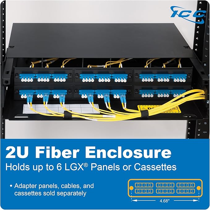 ICC 2U Fiber Optic Rack Mount Enclosure - 6 Slots for LGX Compatible Adapter Panels or Cassettes, Supports up to 144 Fibers, Fits 19-Inch Racks, Secure Fiber Management Solution, ICFORE62RM