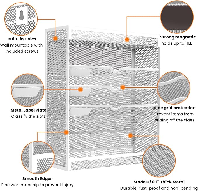 5 Tier Magnetic File Holder, No Drilling Wall File Organizer, Magazine Paper Mail Document Holder/Magnetic Hanging File Organizer for File Cabinets,Whiteboard refrigerator,Office,Classroom (White)