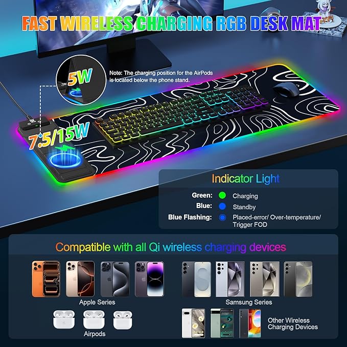 Mouse Pad with Foldable Phone Holder & Wireless Charger, XL RGB Gaming Mousepad 31.5"x11.8" Large Desk Mat for Keyboard, Home Desk Pad with Dual Qi Charging Station | 11 Colors & 5 Modes | Waterproof