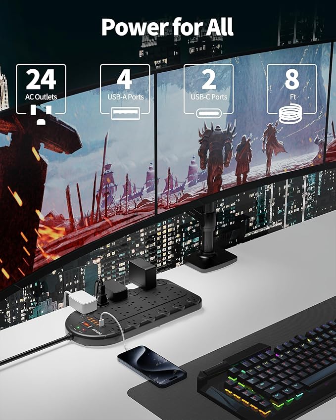 Power Strip, 24 AC Outlets (1875W/15A) with 6 USBs (2 USB-C Ports), ETL Listed, Surge Protector (3,400 Joules), 8 Ft Heavy Duty Flat Plug Extension Cord, Wall Mountable for Home, Office, Black