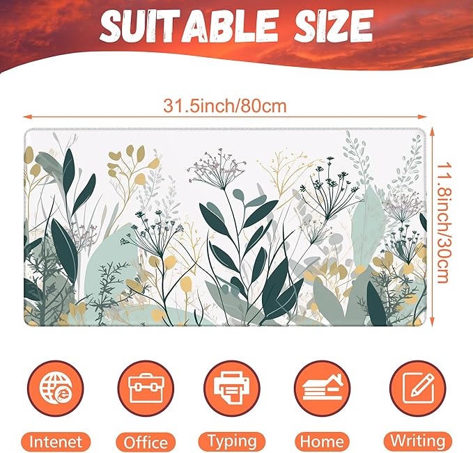 Desk Mat, Green Gold Plant Leaves Desk Pad, Wildflowers Large Gaming Mouse Pad for Desk, 31.5"x15.7" Extended Big Computer Keyboard Mouse Pad with Non-Slip Base and Stitched Edge
